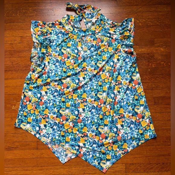 Cato Tops - Cato Blue Floral Flutter Sleeve Top L